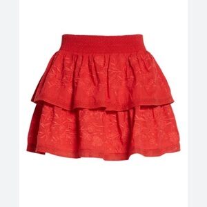 NWT Alice + Olivia Jojo Embroidered Smocked Ruffle Miniskirt sz 8 Red